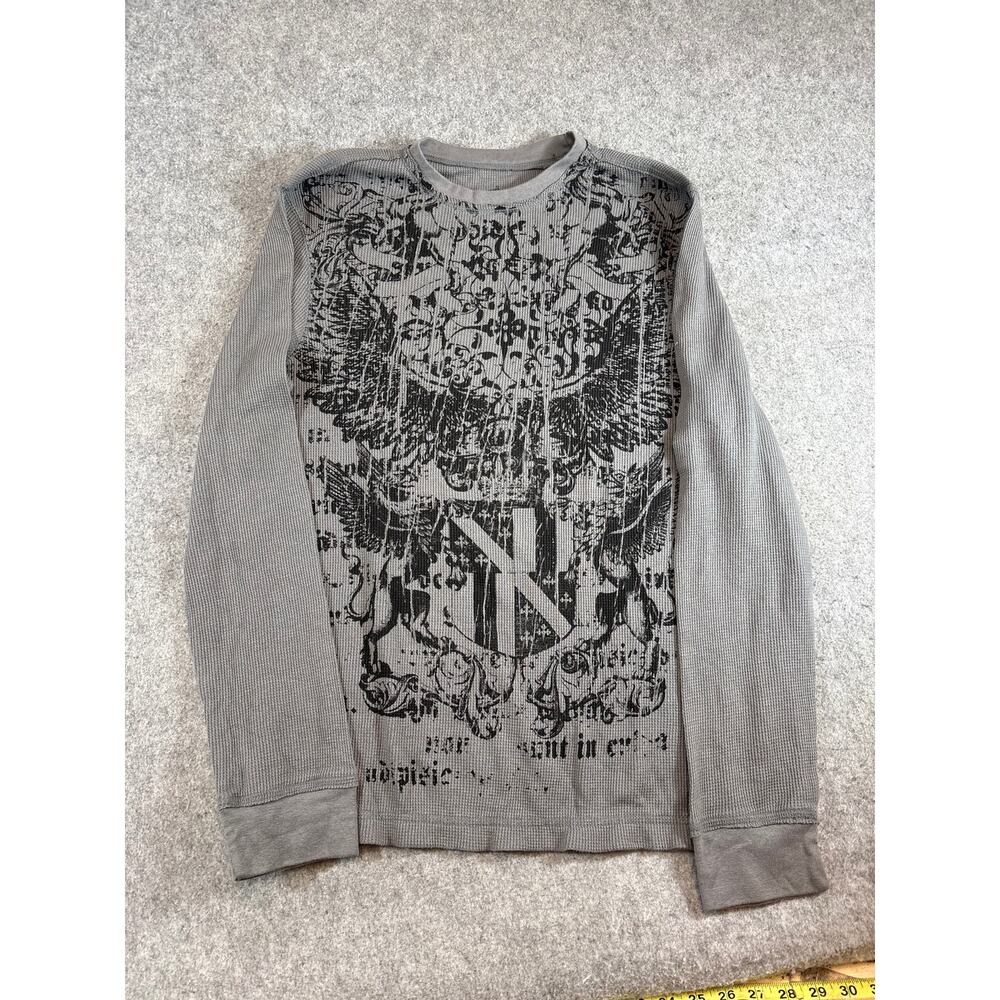 Helix Long Sleeve Thermal Shirt Mens Medium Gray Grunge Goth Winged AOP Tee